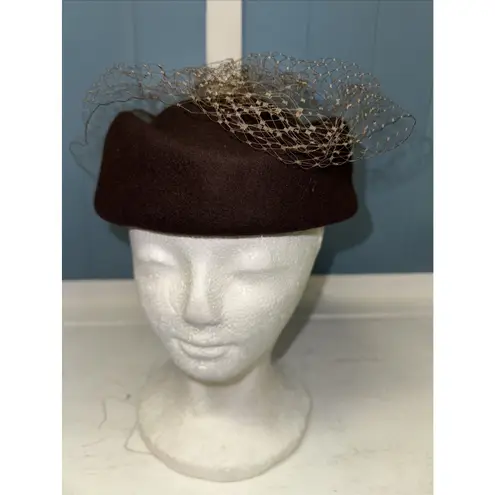 Vintage 100% Wool Brown Hat With Mesh Ruffle OS Kentucky Derby Church