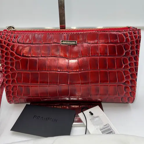 Brahmin Crimson Red Croc Embossed Leather Wristlet Clutch Pouch Bag