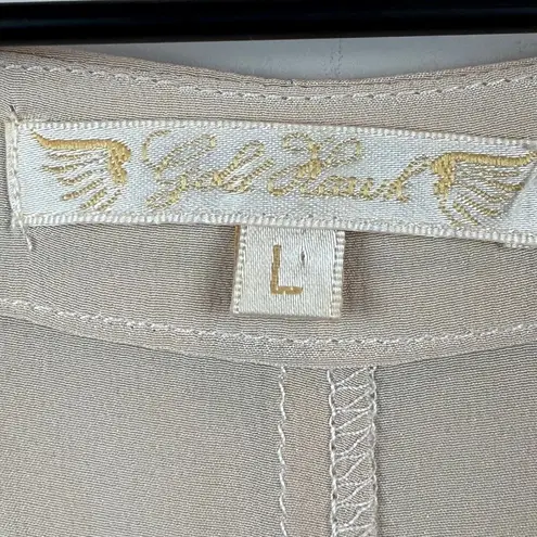 Gold Hawk 100% Silk Top Women's Large Beige Cold Shoulder Lace