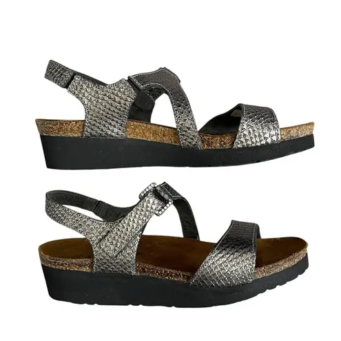 Naot Pamela Snake Skin Print Silver Metallic Leather Sandals Women’s 36 US 5