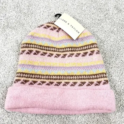 New Lord and Taylor Angora Wool Pink and Brown Stripe Knit Winter Cap Beanie