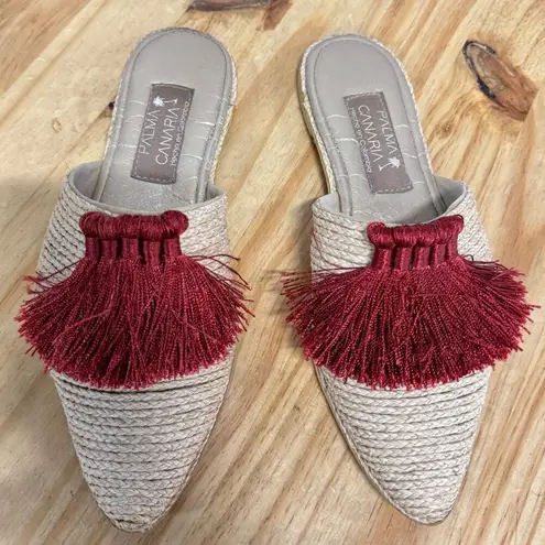 Palma Canaria Fringe Slip On Almond Toe Flat Slipper Mules Beige/Red Women's 39 Size 9