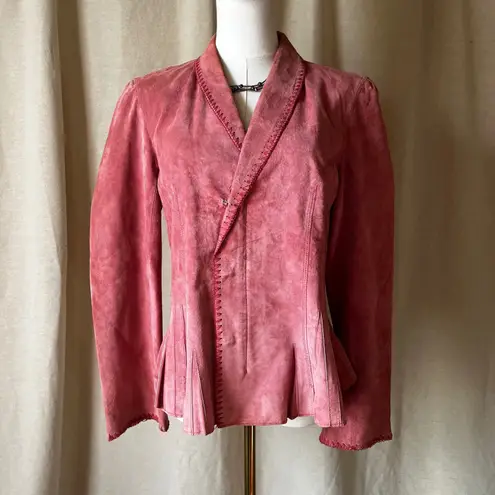 Newport News Vintage Pink Suede Peplum Jacket Whipstitch Detail 90s Feminine Fit Size 8