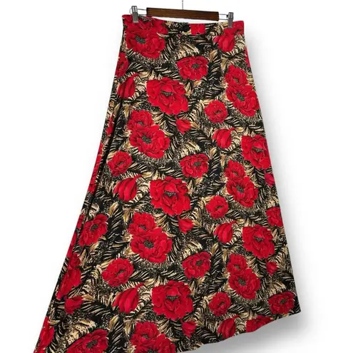 Vintage Y2K Maxi Skirt L Red Floral Tiger Animal Print Slinky Stretch Pull On Size L