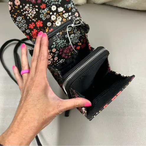 Floral Crossbody Bag Purse Zipper Closure Snap Button Black Phone Holder NEW
