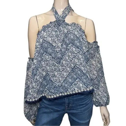 MISA Los Angeles Women’s Size XS Blue White Print Livey Off The Shoulder Blouse