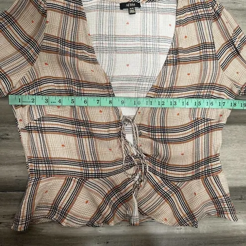 NWT AFRM Amery Heart Plaid Ruffle Crop Top Women's Long Sleeve Tan Size M Size M