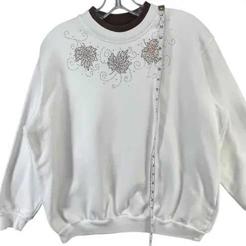 Morning Sun Top Stitch Y2K Sweatshirt Petite M Beaded Fall Leaves Granny Cottage White Size undefined