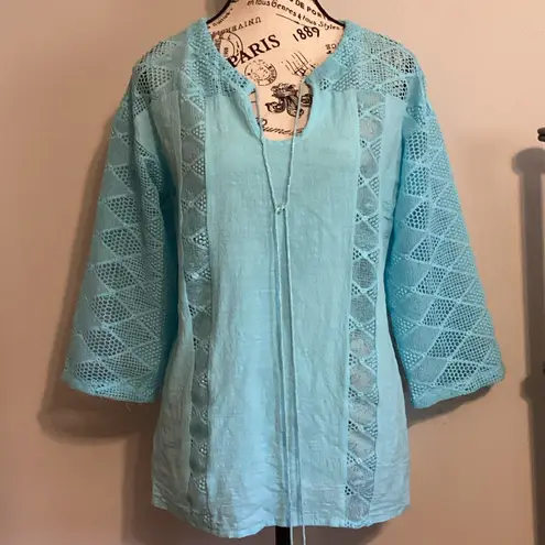 Lace Boho Swimsuit Coverup Tunic Top Beachwear Cotton Tunic Sz. Med Blue