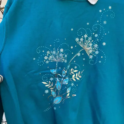 Vintage 90s Morning Sun Teal Dandelion Snowflakes in the Wind Sweatshirt MEDIUM