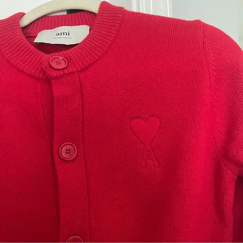 Ami RED Heart WOOL KNIT DE COEUR CREWNECK CARDIGAN Sweater