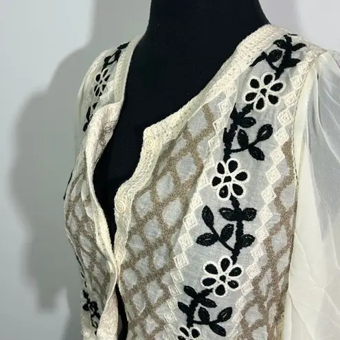 EUC Boho Crochet Vest Sheer Sleeve Floral Embroidered Cream Cotton Top Size M