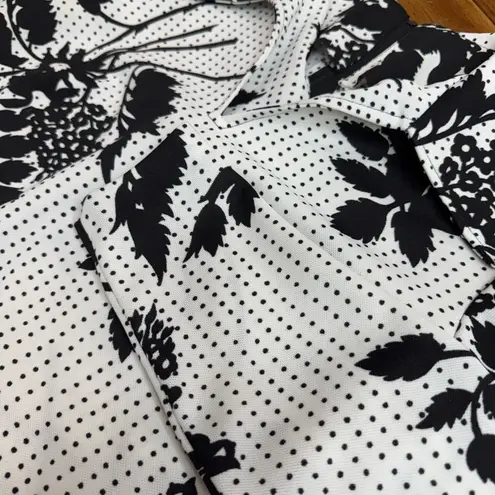 Vintage Sears 70s Black White Floral Polka Dot Dagger Collar Blouse, Disco Style Size M