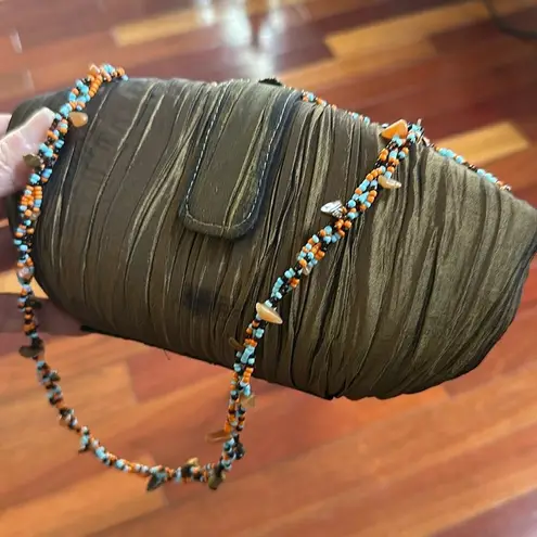 Pritzi Vintage Inspire Beaded Purse Bag Olive Green Satin Boho Indie Artsy Party