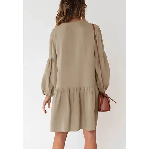 V Neck Long Sleeve Babydoll Button Front Swing Tunic Dress with Pockets Khaki S Tan