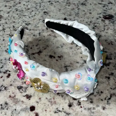 Brianna Cannon Satin/Silk Headband with Hand Sewn Beads Flowers Feminine New White