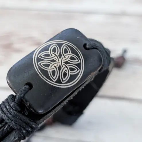 Leather? Tie Bracelet with Celtic Like Charm Black