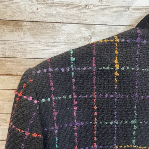 Preston & York Womens 10 Blazer Tweed Black & Pastel Plaid Button Up Wool Blend