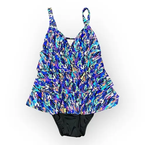 Swim Solutions Fauxkini Triple Tier One Piece Swimsuit Blue Purple Sz 8 NWT