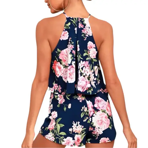 Lulu’s In the Garden Navy Blue Floral Print Romper size Large Apron Neckline