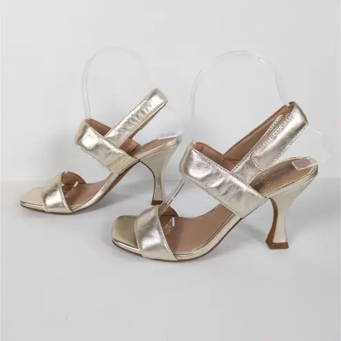 LINEA PAOLO Gold Strappy Heeled Sandal Open Toe Hook and Loop Women's 5.5