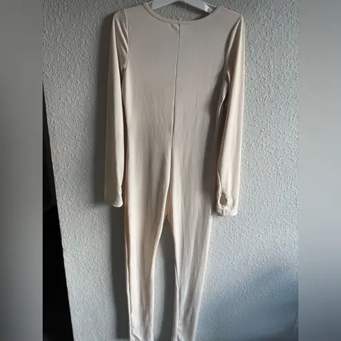 Women’s Long Sleeve Ribbed Athletic Jumpsuit – Nude Beige One Piece Size M Size M