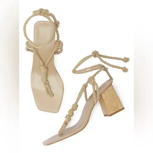 NWOT COVET Shoes Elsa Nude Heels Wood Block Heel Tie Up 8 Tan