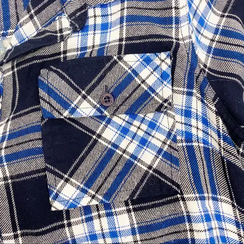 Tolani Collection Plaid Floral Paisley Tab Sleeve Button Down Tunic: Blue