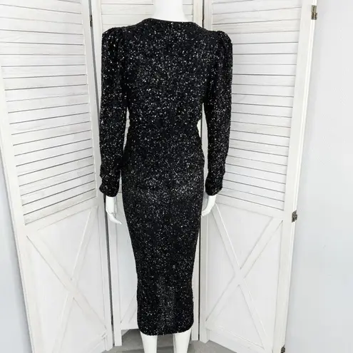 EXPRESS  Sequin V Neck Ruched Cocktail Party Midi Sheath Dress Black Small