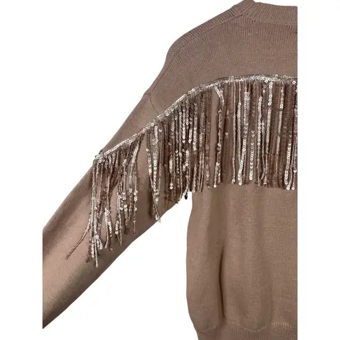 Fate Women's Size Small Tan Sequin Fringe Crewneck Long Sleeve Sweater