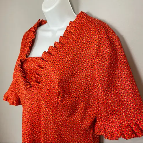 Vintage Prairie Dress 70s Calico Orange Maxi Plus Size Retro Short Sleeve Retro Orange