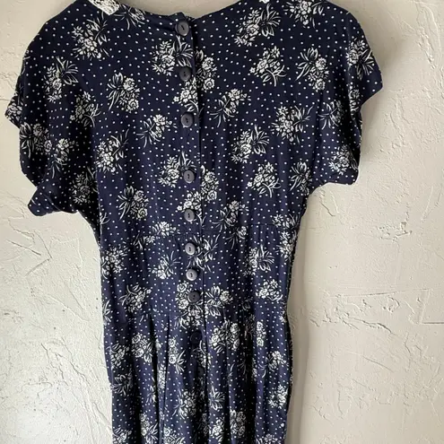 Erika Vintage 90s Floral Cottage V Neck Lace Blue Babydoll Midi Dress