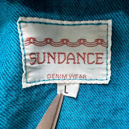 Vintage Sundance Denim Jacket Southwestern Teal Aztec Print Acid Wash USA Large Blue