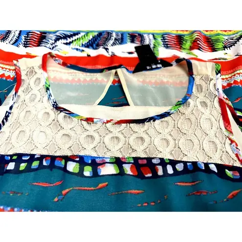 Ali Miles Sheer Colorful Hi Low Tunic Tank Top Lace Neck Line Cotton Nylon Sz S