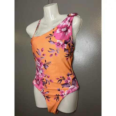Becca One Piece Swimsuit Womens Medium Orange Floral One Shoulder Cutout Back - Image 3