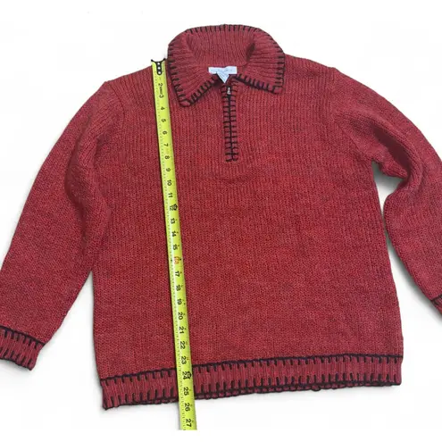 Red Knit Sweater Quarter Zip Pullover Collared Long Sleeve