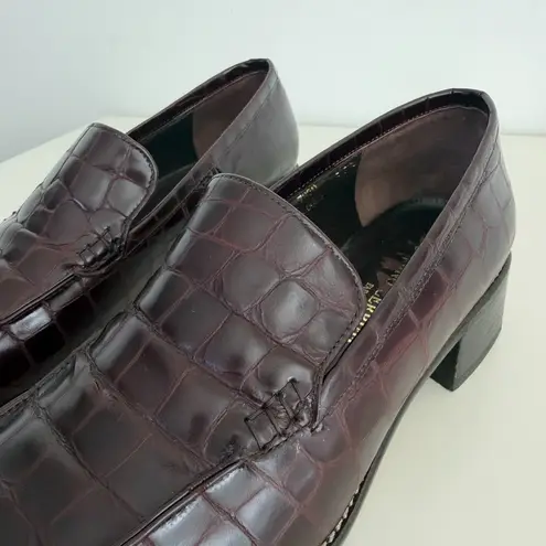 Vintage Nino Cerruti Loafers Womens 6 Croc Embossed Leather Square Toe Oxblood Black