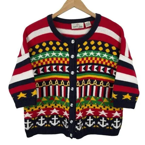 Carroll Reed Women's M Nautical Knit Cardigan Button Up Cotton Colorful 90's Black Size M