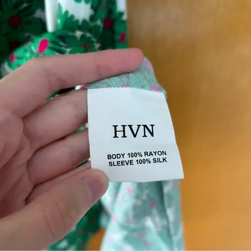 HVN Matilda Appliqued Floral Print Voile Silk Chiffon Midi Dress Green Size 6