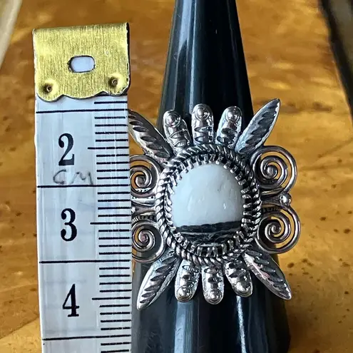 White Buffalo Sterling Silver Feather Ring Size 8 Black