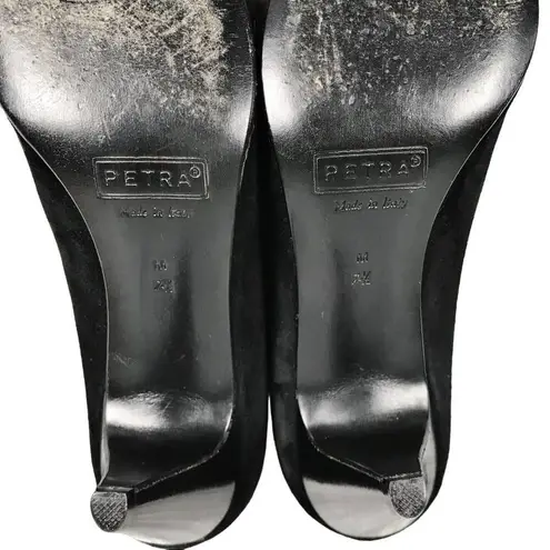 PETRA Black Pumps Suede Silver Leather Trim Cone Heels Almond Toe Italy 7.5 EUC