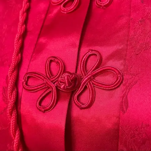 Vintage 80s Asian Chinese 3pc Outfit Duster Satin Pants Crossbody Purse M Red Size M