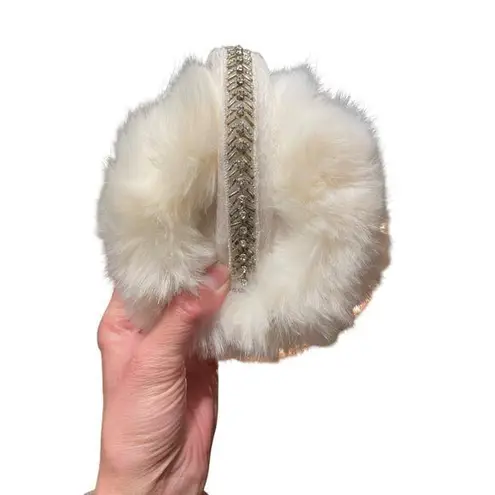 None Cream Oversized Faux Fur Ski Earmuffs with Rhinestone Jewel Headband