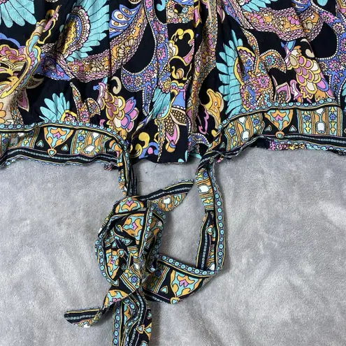 Haute Hippie Top Medium Smocked Boho Bell Sleeve Tie Cropped Festival Artsy NEW