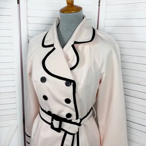 Elle Double Breasted Belted Trench Coat Blush Pink Black Piping Trim 6