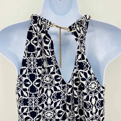 B. Darlin Dress Womens 5/6 Navy Blue Aqua Gold Coil Neckline Geometric NEW White Size undefined