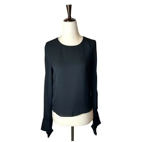 Ramy Brook Shirt Womens Extra Small Black Crepe Crew Neck Slit Sleeves Addy Top