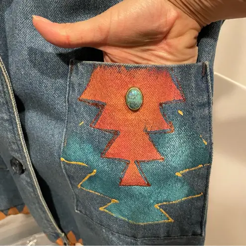 Vintage funky 80’s hand painted jeweled oversized southwestern boho denim blazer Tan Size L