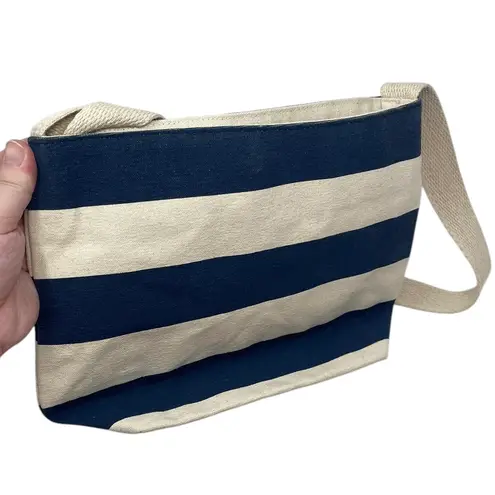 Dansko Cream & Navy Blue Striped Canvas Crossbody Bag Purse Snap Button Nautical