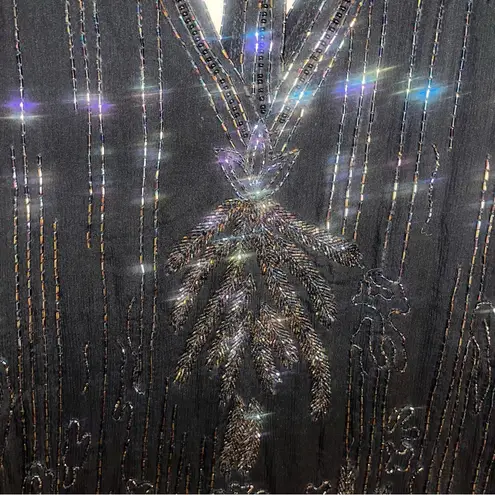 Vintage 1920s Style Art Deco Flapper Dress Black Iridescent Beaded Gatsby Dress Gold Size M